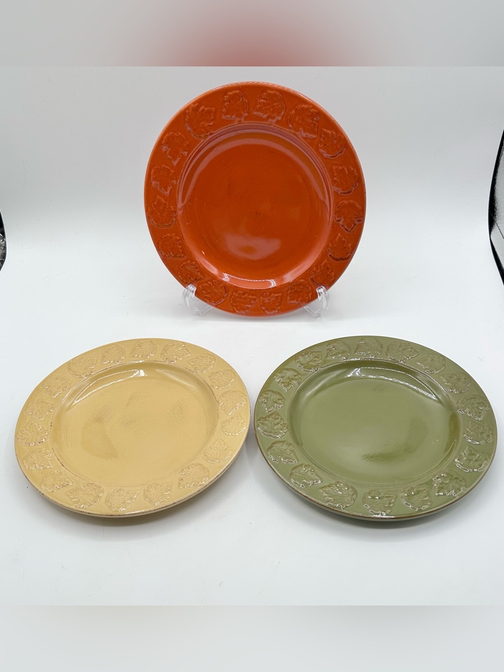 Harry and David Fall Maple Leaf Salad Plates Green Yellow Orange 8.25" Set of 3